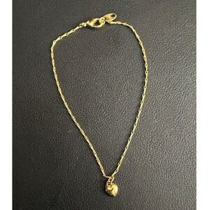 Vintage Puffy Heart Anklet Dainty Signed SP Gold Tone Charm Ankle Bracelet
